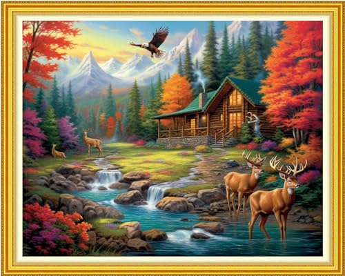 DMCVIVR Stamped Cross Stitch Kits for Beginners Adults Needlepoint Kits for Beginners Embroidery Kits for Adults Crossstitch Kit for Beginners 11CT-Elk Scenery 16x20 inch