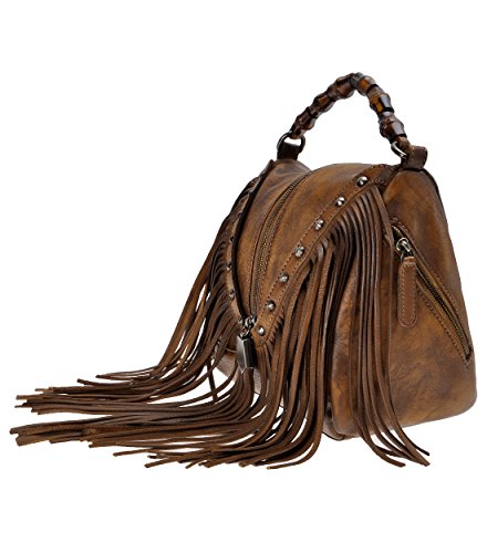 ZLYC Women's Leather Bamboo Hand Strap Featured Fringe Bohemian Tassel Studed Cross Body Bag3