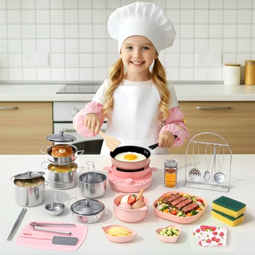 Gotoofun Kids Cooking Set Real 35PCS Real Mini Kitchen Cooking Set for Kids Beginner Safe Cooking Tools Montessori Educational Toy for Boys Girls Age 812 (Pink)