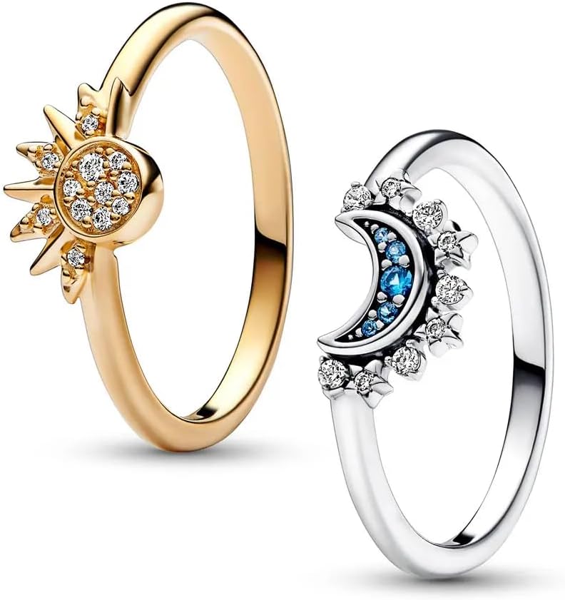 925 Sterling Silver Sun and Moon Ring Set, Stacking Rings for Women, Sky Blue Sparkling Moon and Sun Ring, Stackable Finger Set