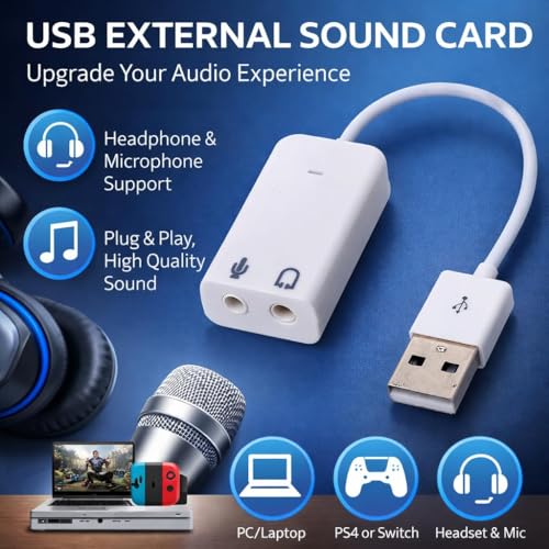Image of 7.1 USB Gaming Sound Card, Channel External Audio Adapter Stereo Sound Card Converter 3.5mm AUX Microphone Jack for Gaming Headset Earphone PS4 Laptop Desktop Windows Mac OS Linux, Plug Play