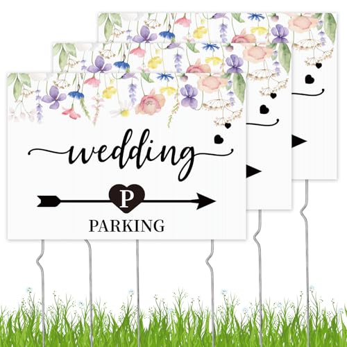 3 Packs Wedding Parking Signs, Wedding Direction Arrow Signs Double-Sided Printed with Stakes Lawn/Yard Signs Decorations for Ceremony and Reception (17x12 Inch)