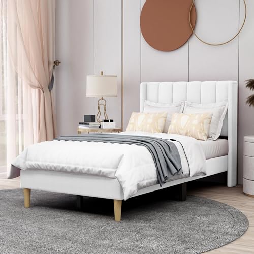 Image of AGARTT Upholstered Platform Bed Frame Twin Size, White Linen