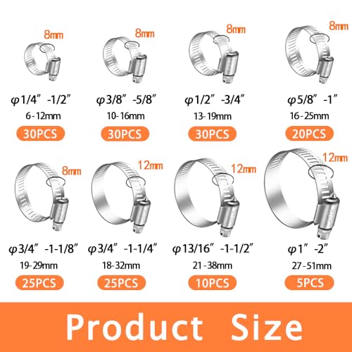 Image of Dianrui 177 PCS Hose Clamp Assortment Kit 1 /4 inch-2 inch (6-51mm) Heavy Duty Hose Clamps Stainless Steel 304, Worm Gear Hose Clamp Kit for pipe, Fuel Line, Tube, Automotive and Marine-with Screwdrivers