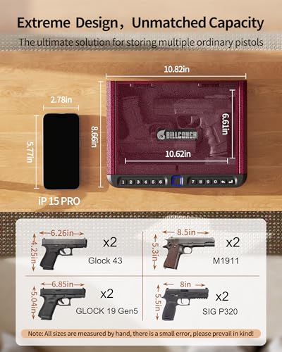 Image of BILLCONCH Gun Safe for Handgun - Biometric Pistol Safe 4 Ways Quick Access with Fingerprint /Full-digital Keypad /Key /APP Lock and Security Cable for Nightstand Bedside Home - Burgundy Red