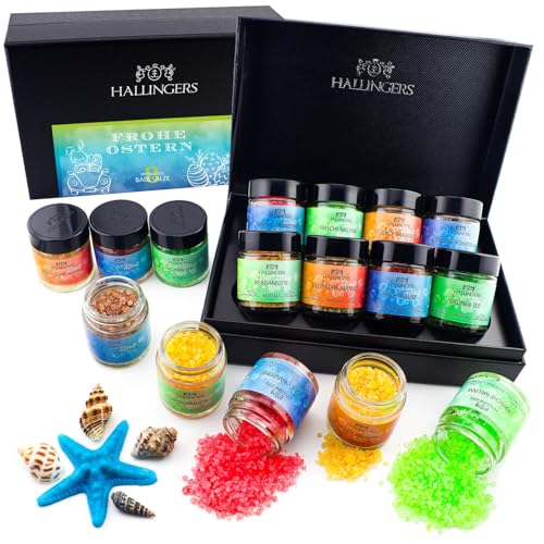 Hallingers - Juego de 8 sales de baño con sales del Mar Muerto en embalaje elegante (juego), ideas de regalo para Navidad y regalos