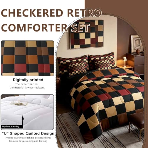 Image of Feelyou Checkered Retro Comforter Set with Sheets 7 Piece Twin Size Brown Red Black Plaid Bed in a Bag Kids Boys Girls Geometric Vintage Bedding Set Modern Simple Groovy Aesthetic Bedroom Decor Soft