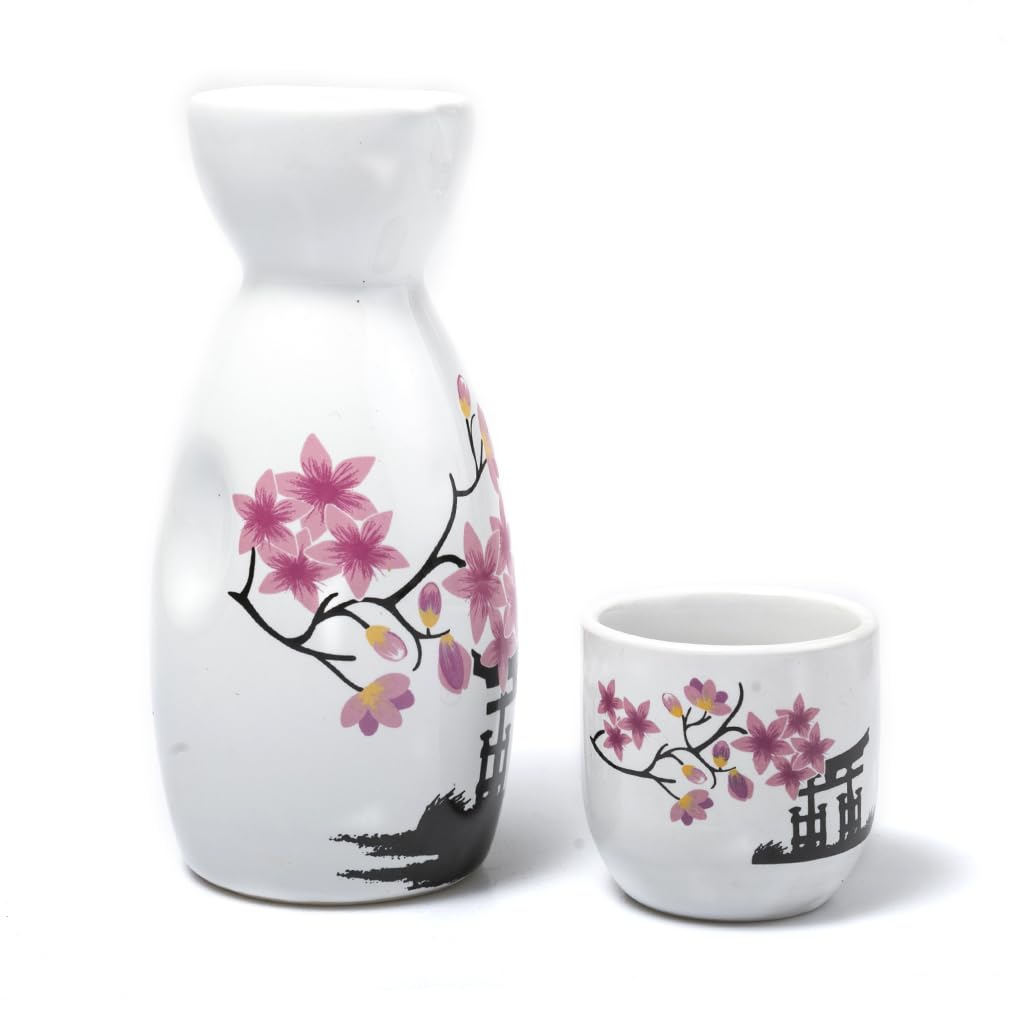lachineuse - Servizio tradizionale per sake - Pagoda e fiori di ciliegio - con 4 ciotole e caraffa - Regalo per piatti asiatici - Servizio sake tradizionale porcellana Giappone - Idea regalo Asia
