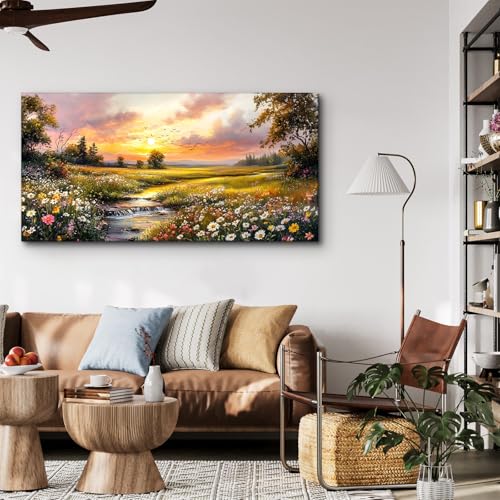 crmotu Country Landscape Wall Art, Riverside Wildflower Daisy Large Artwork, Vibrant Rural Canvas Art Prints, Sunset Aesthetic Rustic Farmhouse Wall Decor Living Room Bedroom Dining Room 24X48 In