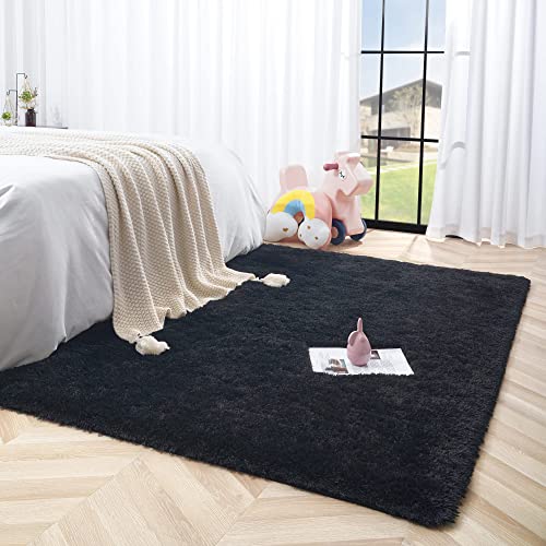 Tepook Super Soft Fluffy Rug for Bedroom, Modern Shaggy Rug Fuzzy Kids Rug for Living Room, Plush Indoor Nursery Home Decor Rug with Non-Slip Bottom, Black, 4 X 6 Feet - Image 3