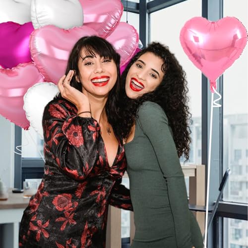 Image of Rose Heart Balloons,18inch Bright Pink Heart Shaped Foil Balloons & White Helium Mylar Balloon for Anniversary Wedding Engagement Birthday Party Baby Shower Decorations(12Pcs)
