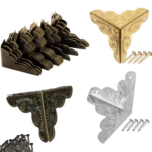 Cantoneras para Cajas de Madera 56 Piezas 35MM Protector Esquina Metal Vintage Protector Esquinas Decorativas para Armarios de Cajas Mesas Muebles Joyero, Incluye Clavos (3 Colores)