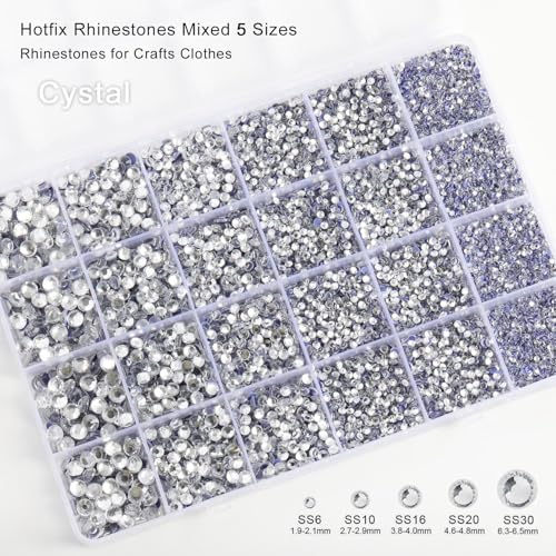 Image of Hotfix Rhinestones Kit,Crystal, Mixed 5 Sizes 14400pcs | Clear Hot Fix Crystals, for Bedazzling Clothes Crafts, with Wax Pencil,Tweezers and Spoon,SS6-SS30