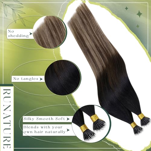 RUNATURE 24 Inch Nano Hair Extensions Real Huamn Hair Black Balayage Brown Nano Beads Hair Extensions Human Hair Invisible Nano Rings Hair 50s/50g #1b/4/27 - Image 4