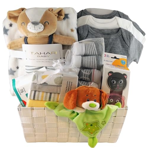 Ornella’s Baskets Unisex Baby Gift Basket; Tahari Blanket Set, 3 Onesie and more