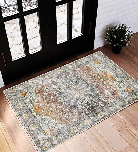 Area Rug 2x3 Washable Rug Door Mat Vintage Distressed Taupe Doormat Indoor Entrance Traditional Thin Floral Print Non Slip Carpet for Kitchen Bathroom Bedroom Living Room