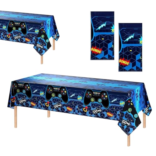 Nappe de Fête de Jeu Vidéo,Nappes de Jeux vidéo,2PCS Fournitures de Jeu Vidéo,Table de Jeu de Jeux jetable Couverture de Table en Plastique,Décorations d'anniversaire Bleues pour garçons et Enfants