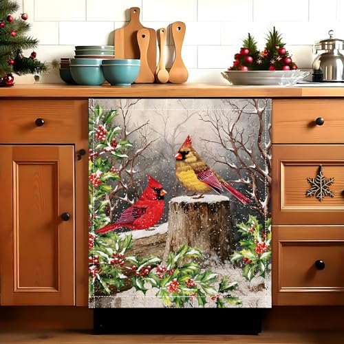 Image of Christmas Cardinals Dishwasher Magnet Cover, 23x26In Winter Birds Dishwasher Magnet Sticker for Holiday Decoration Funny Dish Washer Magnetic Cover Kitchen Fridge Panel Decal