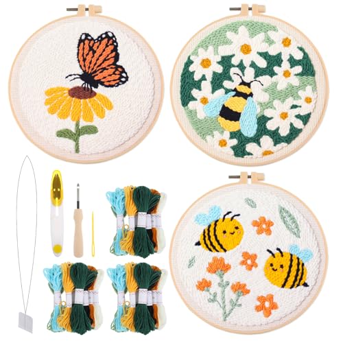 Image of 3 Pcs Punch Needle Kits, 7.87 Inch Cute Floral, Bees and Butterfly Punch Needle Kit for Adults Beginner Children Needles Punching kit with Embroidery Hoop, Instruction, Fabric, Sewing Needles, Yarns