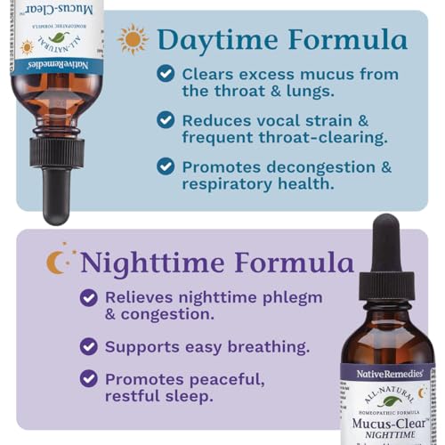 Image of Native Remedies Mucus-Clear ComboPack - 24-Hour Day & Night Mucus Relief - Clears Throat Phlegm, Sinus Pressure & Respiratory Congestion - Fast Acting Lung Support - 4 Fl Oz, 2 Pack
