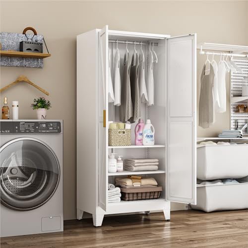 Image of Metal Wardrobe Closet with Doors and Shelves, 71 inch Farmhouse Bedroom Armoire with Hanger Rod and Clothing Shelf, White Steel Wardrobe Cabinet Storage Clothes Closet