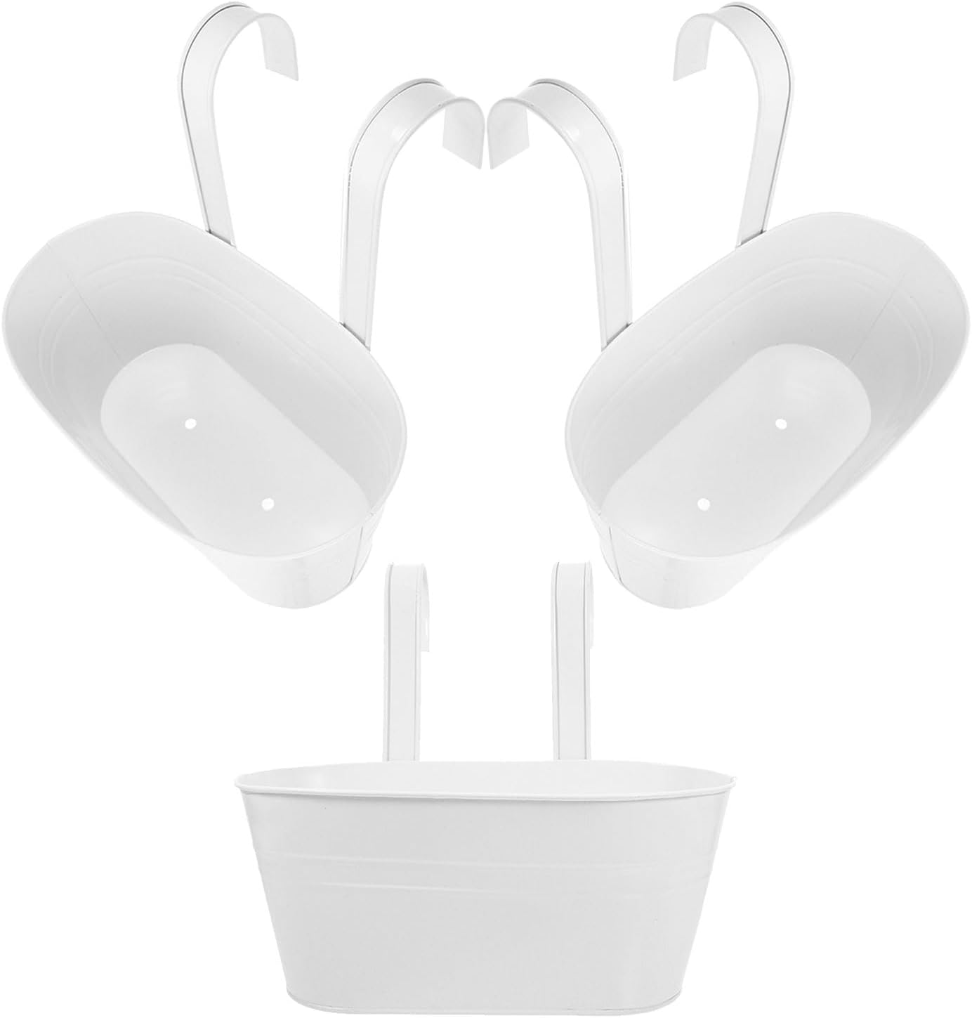 3pcs White Iron Metal Hanging Flower Pots with Detachable Handles, Balcony Rail Planters for Outdoor Garden, Porch, and Home, Oval Shape 27x14.5cm Metal Bucket Planters