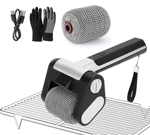 Limpiador eléctrico para parrilla, cepillo eléctrico para barbacoa sin cerdas, herramienta recargable inalámbrica con rodillo de acero inoxidable de 350 RPM y luz LED, limpiador de barbacoa de acero