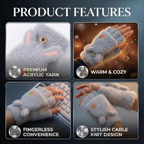Image of Kraptick Cute Bunny Winter Gloves for Women & Girls - Fluffy Convertible Flip Top Mittens - Warm Fingerless Knitted Woolen Hand Warmer with Button Flap for Typing & Driving (Free Size, Pink)-5