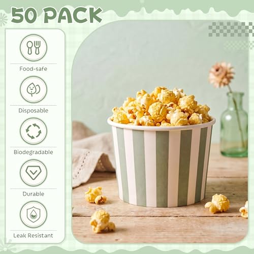 Image of Zopeal 50 Count Sage Green Striped Ice Cream Cups Disposable Dessert Bowls | 9 oz Paper Ice Cream Bowls, Birthday Party Supplies, Snack Cups Sundae Picnic Yogurt Bowls for Food