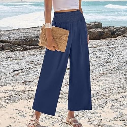 Continentau Pants, Women's Smocked Waist Wide Leg Palazzo Pants, 2025 Summer Casual Wide Leg Loose Simple Pants4