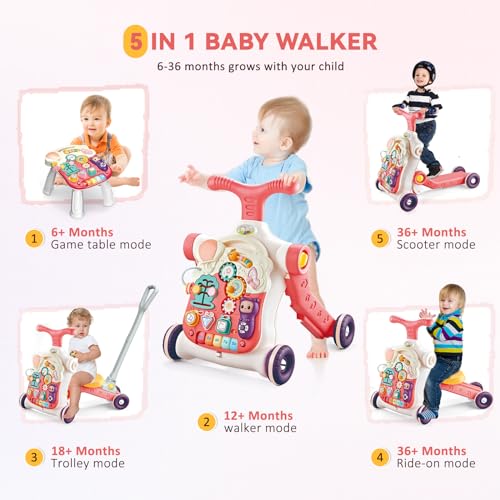 Image of 5 in 1 Baby Walker Sit-Stand Toy, Multifunctional Educational Baby Walker, Removable Play Panel with Music, Push Walkers for Babies 6-12 Months, Pink