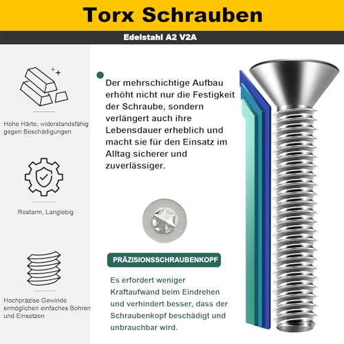 Zuyya 20 Stück M5 x 16 mm Senkschrauben Torxantrieb Edelstahl A2 Schrauben Vollgewinde mit Torx Schlüssel