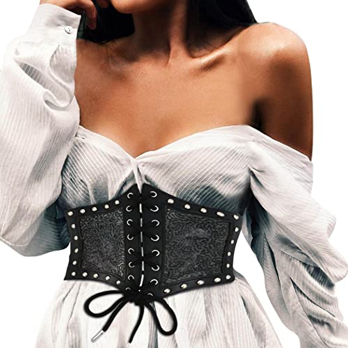 Asooll Leather Wide ELastic Corset Belts Black Vintage Sequins Waist Belt Lace up Waistband Wide Cinch Belt Party Club Prom Costume Clothing Dress Waist Belts for Women