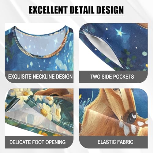 ALAZA Deer Blossom Rabbit Galaxy Pajamas Set Short Sleeve Cotton Sleepwear Summer Pjs 2 Piece 5-14Y4