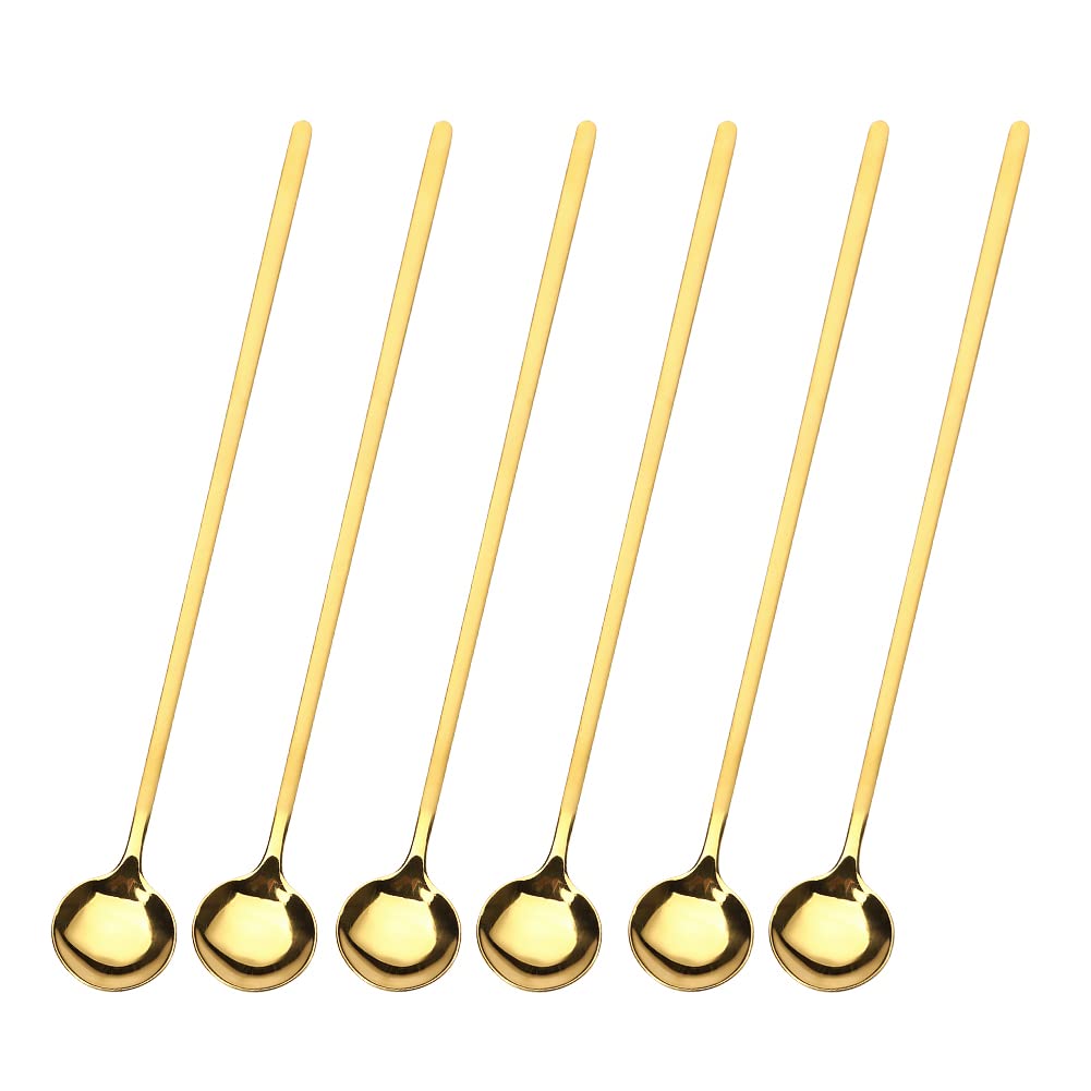 Sweejar 9.5-Inch Long Handle Ice Tea Spoons, Ice Cream Spoon, Coffee Spoon, 18/8 Stainless Steel Spoons for Cocktail Stirring, Mixing, Tea, Pack of 6 (Gold)