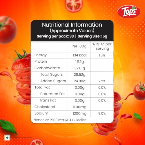 Image of TOPS Tomato Ketchup No Onion No Garlic- 500 gm Glass Bottle|Made with the Goodness of Juicy Hand-Picked Tomatoes | No Added Colour & Flavour. (Pack of 2)