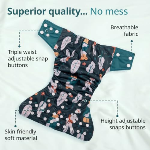Image of LuvLap Reusable Baby Cloth Diaper, Double Leak Guard, High Absorption, Quick dry, Stain-Proof Comfort & Protection, 3m+, adjustable waist & height with snap buttons, Absorbent insert, Green bunny
