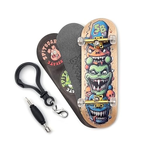 SPITBOARDS® 32 x 96 mm Fingerboard Complete Wood Set-Up Assembled, 5-Layers, Silver Trucks with Bushings and Nuts, Transparent CNC Bearing Wheels, Lasered Foam Grip Tape Mad Stake