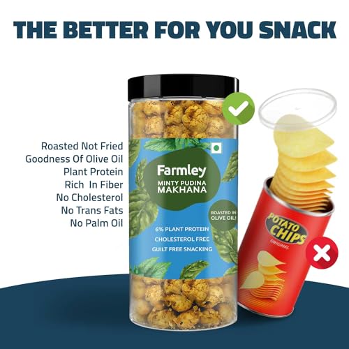 Image of Farmley Roasted and Flavoured Makhana | Minty Pudina Makhana | Namkeen Snacks & Puffed Snacks | Healthy Snack | Cholesterol Free | Gluten Free | Rich In Protein & Fiber | Roasted in Olive Oil - 77g Jar