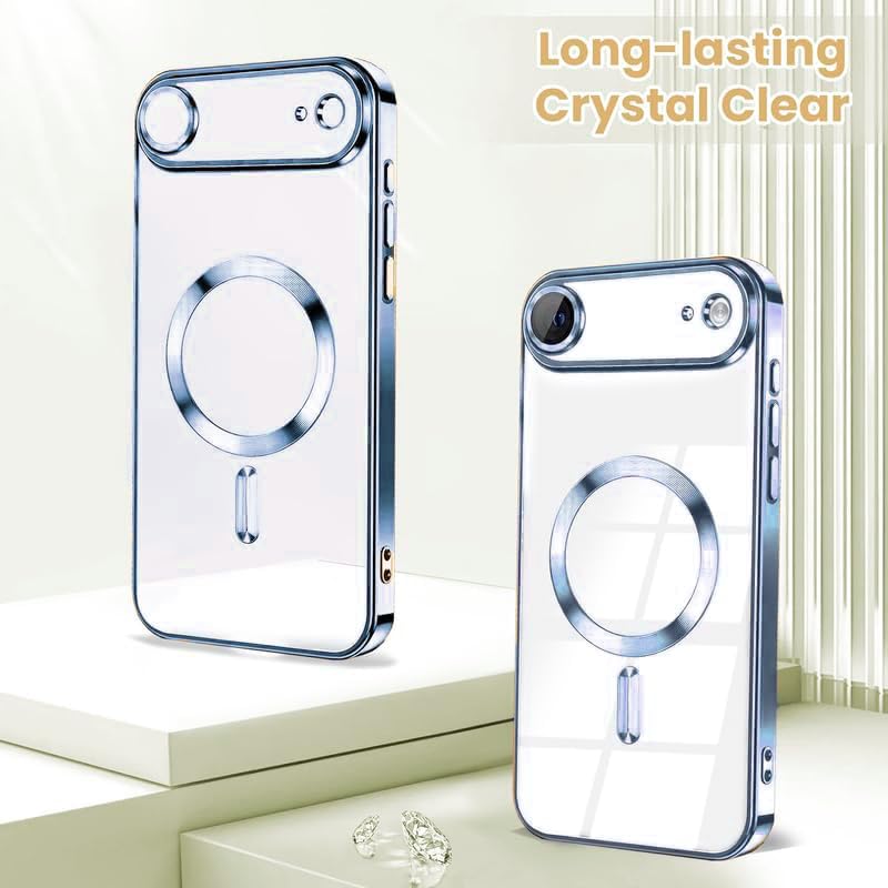 Image of VONZEE Electroplating Transparent Clear Logo Back Cover TPU Compatible with iPhone 17 Air, Compatible with Magsafe, Full Body & Individual Camera Protection for Each Lens for Men & Women|Sierra Blue