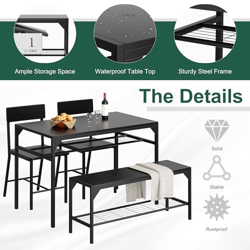 Shintenchi Kitchen Table Chairs Set of 4, Dining Table Set for 4 with Bench and Chairs, 4 Pieces Kitchen Table Set with Storage Rack & Metal Frame for Small Space, Black - Image 4