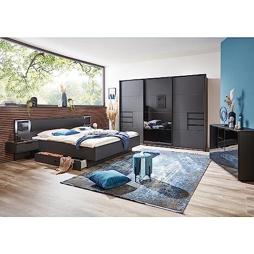 Lomadox Schlafzimmer Set mit Schwebetürenschrank inkl. Passepartoutrahmen, Kommode, Doppelbett 160x200cm in Graphit mit schwarz, Schlafzimmermöbel, Schlafzimmerschrank