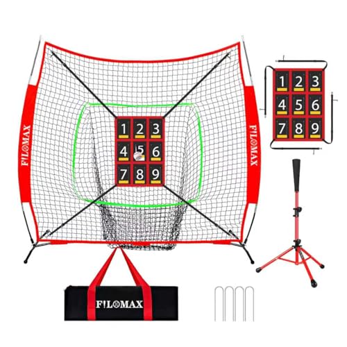 FILOMAX 7x7ft Baseball & Softball Practice Net with Numbered Strike Zone & Batting Tee - Heavy Duty Portable Hitting Pitching Training Net for Accuracy and Swing Practice Includes Carry Bag
