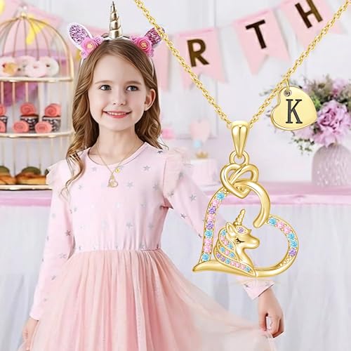 C-leen Unicorn Necklaces Gifts for Girls, 14K Gold Plated Colorful CZ Heart Initial Pendant Unicorn Necklaces for Girls Teens Jewelry Birthday Gifts4