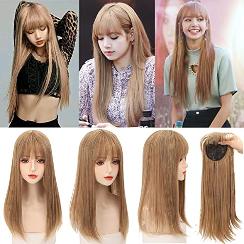 50cm Straight Head Forehead Topper With Thick Bangs Snythetic Middle Part Clip in Hair Topper for Women Cover Thin Hair (Grey)
