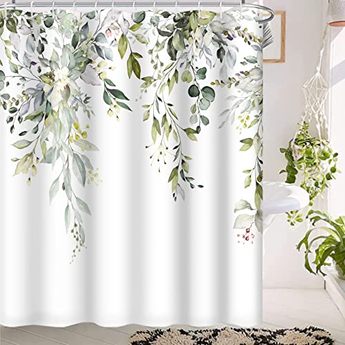 MIRRORANG Sage Green Eucalyptus Shower Curtain, Watercolor Leaf Plant with Floral Bathroom Curtains Hooks