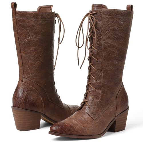 SaraIris Women's Black Mid Calf Boots Lace Up Chunky Heel Vintage Combat Heeled Dress Casual Boots2