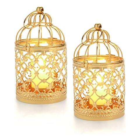 Hanging Birdcage Lantern, 2PCS Vintage Metal Tealight Decorative Candle Holder Decoration Birdcage for Wedding Party Home, Gold Cover