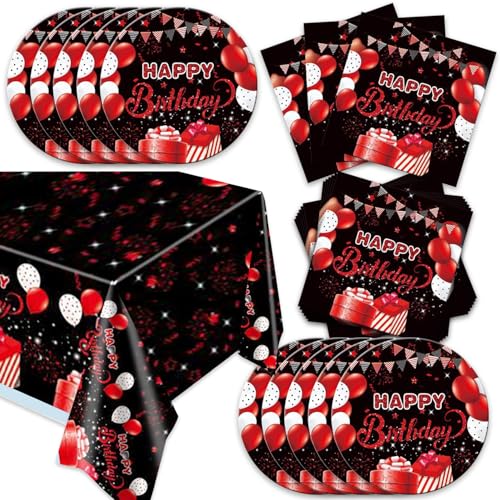 Lot de 41 fournitures de fête avec 20 assiettes, 20 serviettes et 1 nappe, pour décoration de fête d’anniversaire à thème rouge et noir, (AAA)