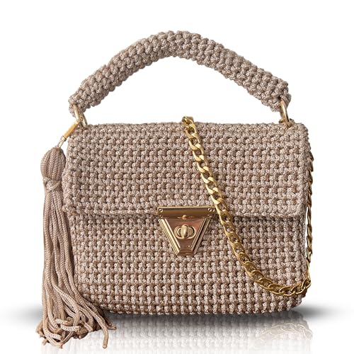 Bolsa de ombro feminina de crochê bege feita à mão | corrente dourada e alça superior | Bolsa de malha boho | Bolsa tiracolo elegante para noite e casual